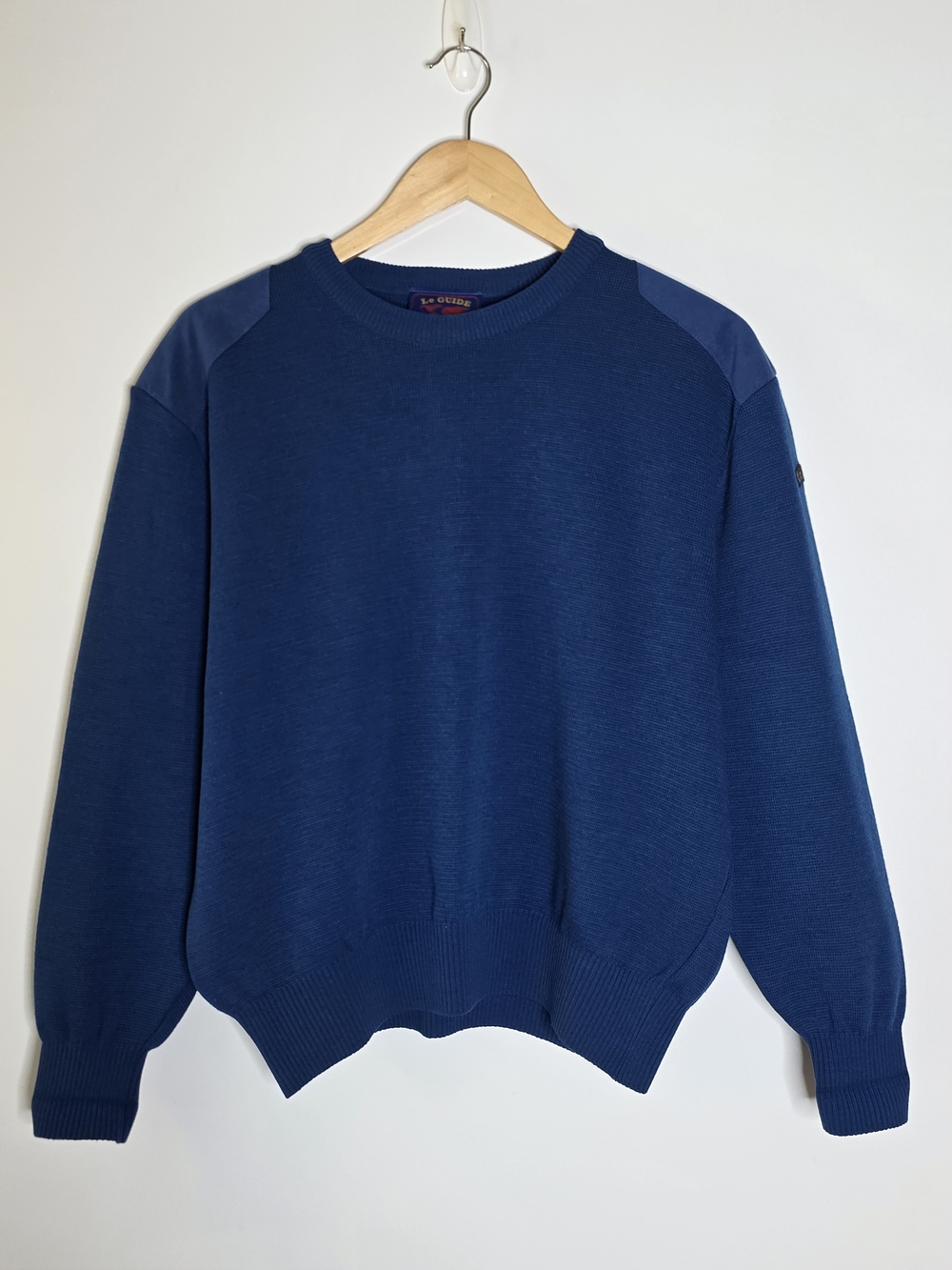 Vintage Le Guide blue crewneck knit relaxed fit sweater shoulder and elbow patch